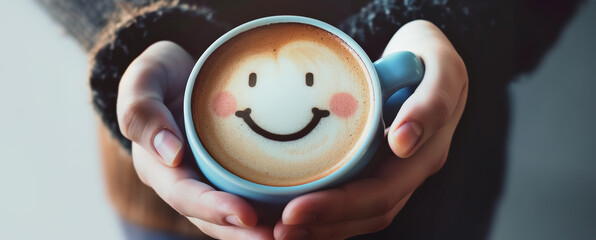 Embrace Positivity,  Counter Blue Monday with Happy Smiling Blue Coffee And Cup.
