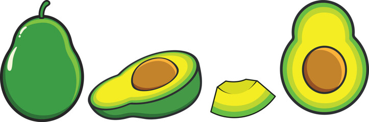 Set of fresh avocado, whole and half sliced isolated on white background. Vector illustration for design packaging, cover, print, banner, poster, clipart, sticker, icon, mascot, logo.