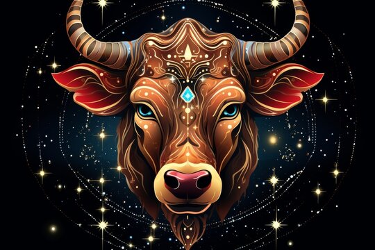 Vector illustration of the zodiac sign taurus shining in red against a black background