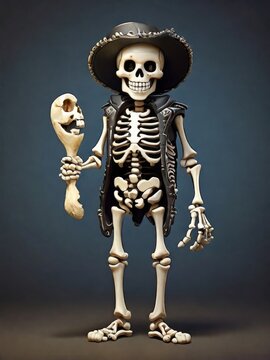 full body cartoon skeleton smiling and holding a bone