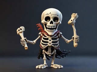 full body cartoon skeleton smiling and holding a bone