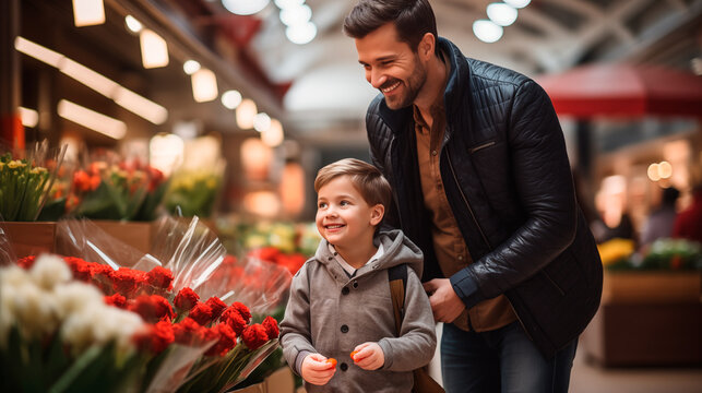 father and son buying flowers for mother