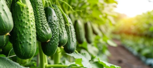 Organic agriculture concept  green cucumbers growing on bush in greenhouse with text space