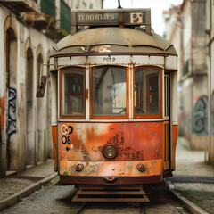 Vintage Tram on City Street - High-Resolution Urban Travel Photography