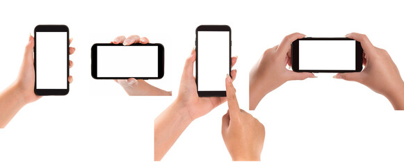  Set of hand holding smartphone isolate don white background.