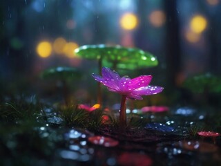 glowing mushrooms in a dark, moody rainy magical forest