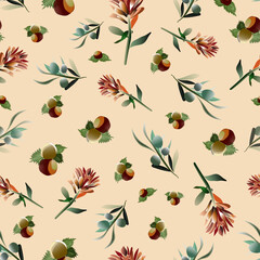 Seamless pattern with leaves, olives, hazelnuts, flowers on a pale yellow background