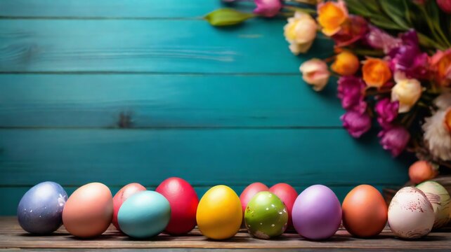 easter monday eggs, colorful flowers on wooden table background with copy space. beautiful background for poster, banner, web, social media. ai generative design