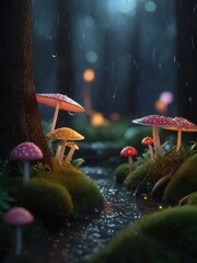 Fototapeta premium glowing mushrooms in a dark, moody rainy magical forest