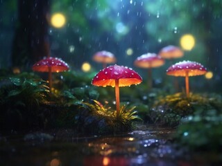 Fototapeta na wymiar glowing mushrooms in a dark, moody rainy magical forest