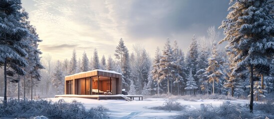 Winter day: building a wooden eco-house in a snowy forest with spruce trees.