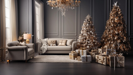 Fototapeta na wymiar Christmas Home Interior with festive Christmas tree and gift boxes.