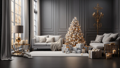 Christmas Home Interior with festive Christmas tree and gift boxes.