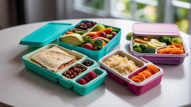 
"Wholesome Lunchbox Delights: A Health-Focused Flat Lay Display on Colorful Tables"
