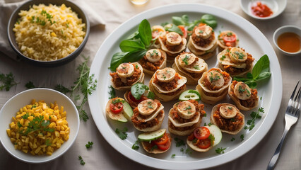 
"Feast for the Senses: A Captivating Overhead View of Exquisitely Served Food"