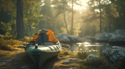 Rolgordijnen Serene riverside camping scene with green kayak and forest backdrop. © maniacvector