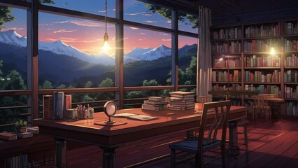 Animated illustration of a work desk with a view of the forest at night. Digital painting or cartoon anime style, animated background. 4k loop animated background.