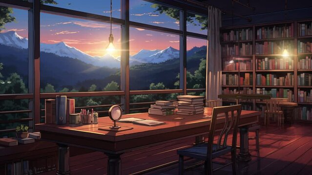 Animated illustration of a work desk with a view of the forest at night. Digital painting or cartoon anime style, animated background. 4k loop animated background.
