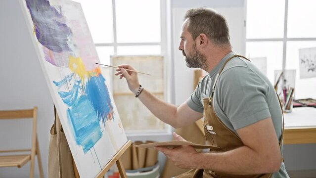 A mature man with grey hair paints on a canvas in a bright studio, conveying creativity and artistic expression.
