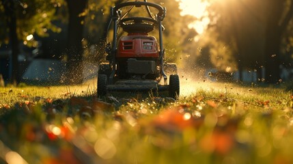 Early morning lawn care with a lawnmower cutting through fresh green grass.