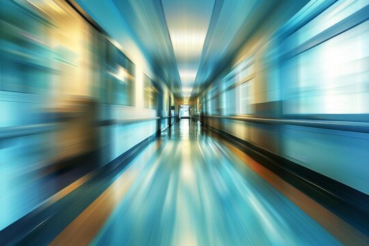 Abstract blurred image of a modern hospital or clinic hallway Conveying a sense of urgency and care