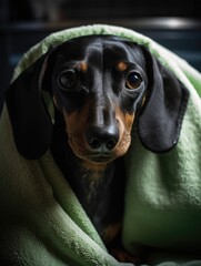 Black and tan dachshund wrapped in a green towel.