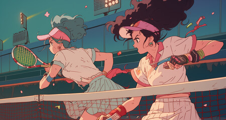 80s anime rainbow retro tennis playing