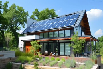 Eco-friendly house with solar panels on the roof Highlighting sustainable living and energy efficiency in modern home design
