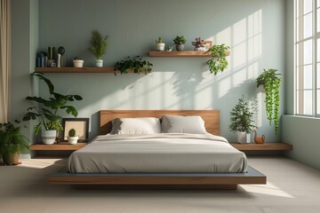 Modern minimalist bedroom with natural light Featuring a queen-sized bed Floating shelves And an indoor succulent garden