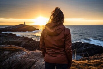 Woman in a navy windbreaker enjoying a solitary moment on a rocky shoreline as the sun sets behind a distant lighthouse - obrazy, fototapety, plakaty