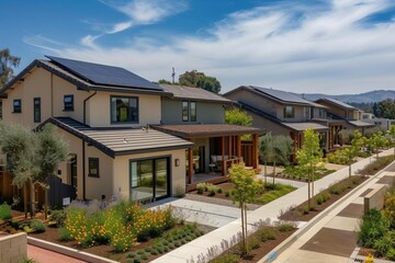 Newly constructed homes featuring solar panels on the rooftops Showcasing the integration of renewable energy in residential development for a sustainable future