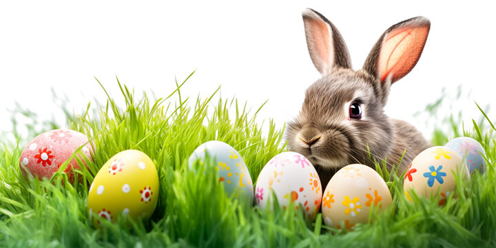 Easter bunny and easter eggs on green grass field, spring meadow. Isolated on white background for copy space text. Easter concept banner, illustration by Vita