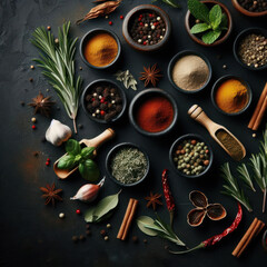 Fototapeta na wymiar Herbs and spices for cooking, Kräuter und Gewürze zum Kochen, Травы и специи для приготовления пищи, Hierbas y especias para cocinar.