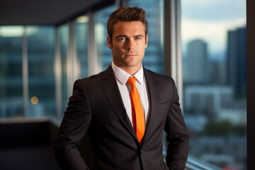 Business executive in an elegant black suit and deep orange tie, exuding confidence in a sleek city office