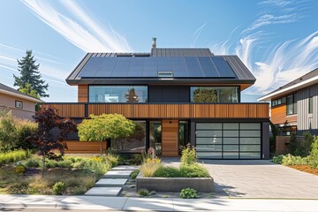 Residential house showcasing modern sustainable living with rooftop solar panels and environmentally conscious design