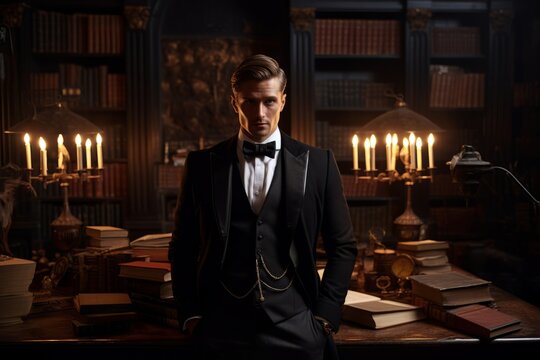 2) The sophisticated allure of a man in a charcoal tailcoat, standing in a library dimly lit by vintage lamps