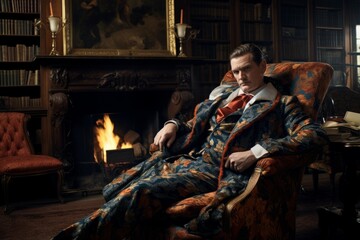 Elegant Gentleman in a Luxurious Navy Brocade Smoking Jacket, Engaged in Reading a Classic Novel in His Antique-filled Study - obrazy, fototapety, plakaty