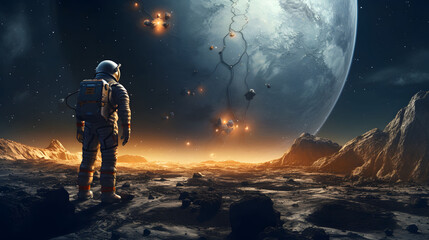 Fototapeta na wymiar Astronaut standing sitting on the moon lunar surface looking at the fire on earth