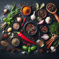 Obraz na płótnie Canvas Herbs and spices for cooking, Kräuter und Gewürze zum Kochen, Травы и специи для приготовления пищи, Hierbas y especias para cocinar.