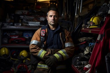 Heroic firefighter poised for action in the fire station, his bravery palpable