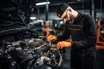 An experienced Motor Vehicle Inspector in uniform, scrutinizing a vehicle engine under the bright workshop lights