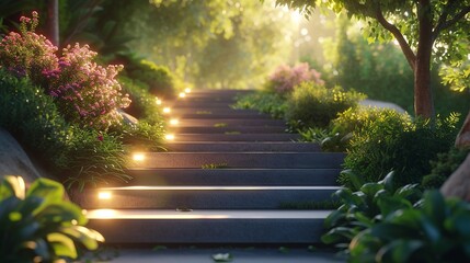 Illuminated Steps Amongst Tropical Foliage in a Lush Green Environment