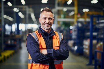 Experienced Industrial Training Manager smiling amidst the hustle and bustle of a working factory