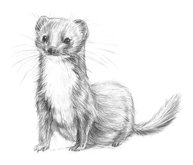 Pencil realistic drawing of a weasel, ermine, ferret on a white background