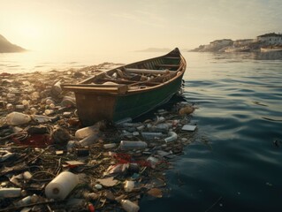 A boat sits on the water surrounded by garbage. Generative AI.