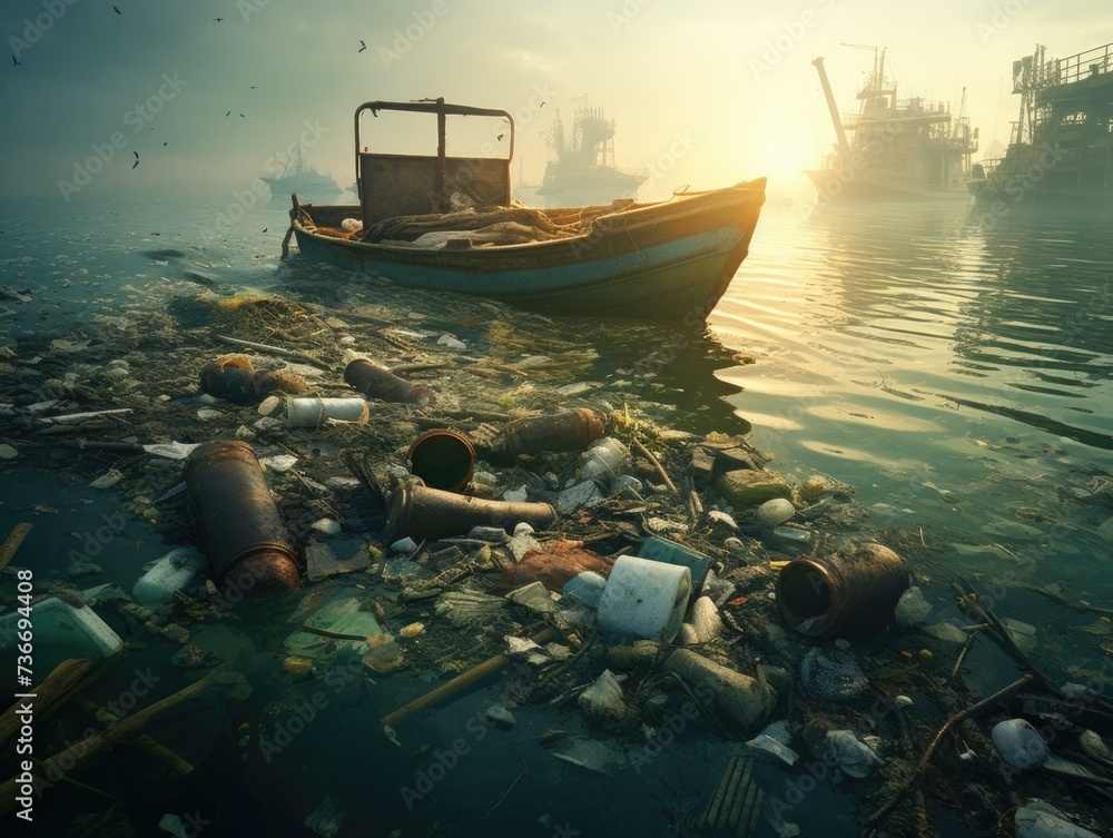 Poster a boat and a bunch of garbage floating in the water. generative ai.