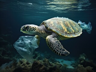 Fototapeta premium A turtle swimming in the ocean with plastic waste. Generative AI.