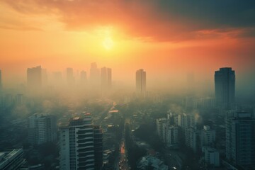 Fototapeta premium A city skyline with the sun rising over it. Generative AI.