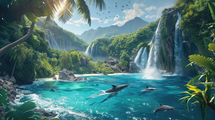 A picturesque landscape of tropical paradise, where a majestic waterfall cascades into crystal clear waters, inviting a group of playful dolphins to swim among the lush trees and breathtaking mountai - obrazy, fototapety, plakaty