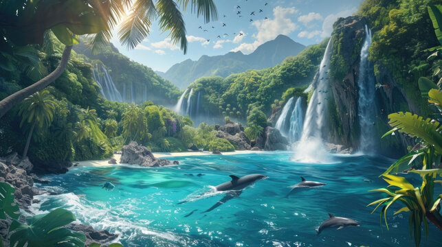A picturesque landscape of tropical paradise, where a majestic waterfall cascades into crystal clear waters, inviting a group of playful dolphins to swim among the lush trees and breathtaking mountai